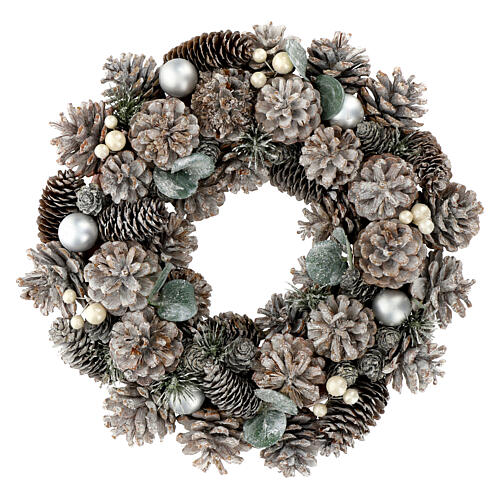 Advent wreath white silver glittered pine cones 35 cm 1