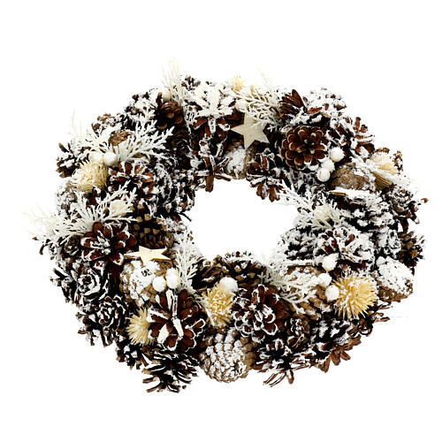 Adventskranz mit Zapfen, Trockenblumen, Perlen und Dekosternen, Schnee-Effekt, 35 cm 3