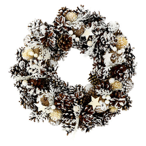 Corona Adviento nevada piñas perlas estrellas flores secas 35 cm 1