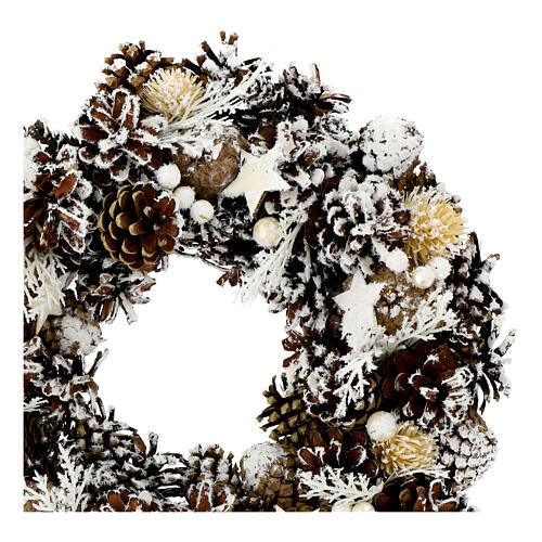 Corona Adviento nevada piñas perlas estrellas flores secas 35 cm 3