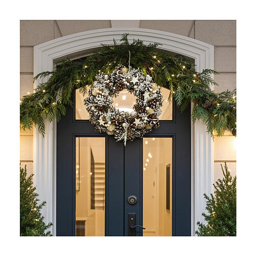 Corona Avvento innevata pigne perle stelline fiori secchi 35 cm 2
