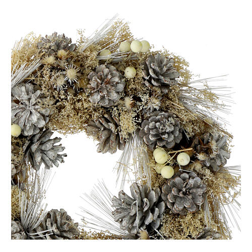 Adventskranz mit weißen Zapfen und Trockenblumen in Naturtönen, 35 cm 2