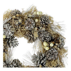 White Advent wreath with dried flowers and pinecones, 14 in