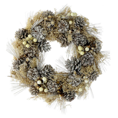 White Advent wreath with dried flowers and pinecones, 14 in 1