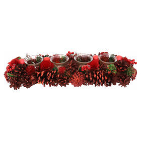 Adventskerzenhalter, mit 4 Glasbechern, rote Zapfen und Holzblüten, 10x45x15 cm
