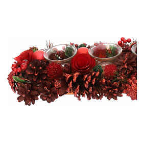 Adventskerzenhalter, mit 4 Glasbechern, rote Zapfen und Holzblüten, 10x45x15 cm