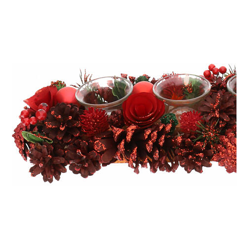 Adventskerzenhalter, mit 4 Glasbechern, rote Zapfen und Holzblüten, 10x45x15 cm 2