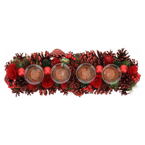Rectangular candle holder with 4 glasses, pinecones and red berries, 4x18x6 in 5
