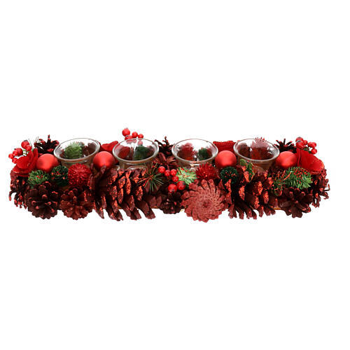 Portacandele rettangolare 4 bicchieri vetro pigne bacche rosse 10x45x15cm 3