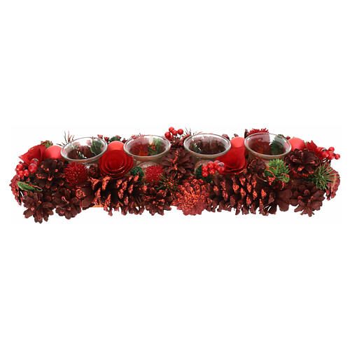 Rectangular candle holder 4 glasses glass pine cones red berries 10x45x15cm 1