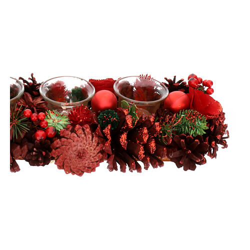 Rectangular candle holder 4 glasses glass pine cones red berries 10x45x15cm 4