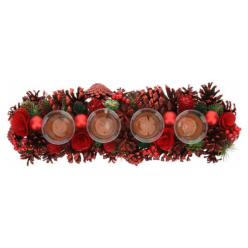 Rectangular candle holder 4 glasses glass pine cones red berries 10x45x15cm 5