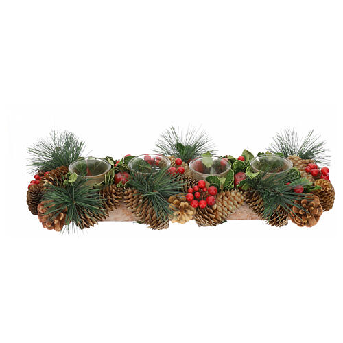 Rectangular candle holder with 4 glasses, pinecones and red berries, 8x20x3 inches 1