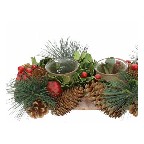 Rectangular candle holder with 4 glasses, pinecones and red berries, 8x20x3 inches 2