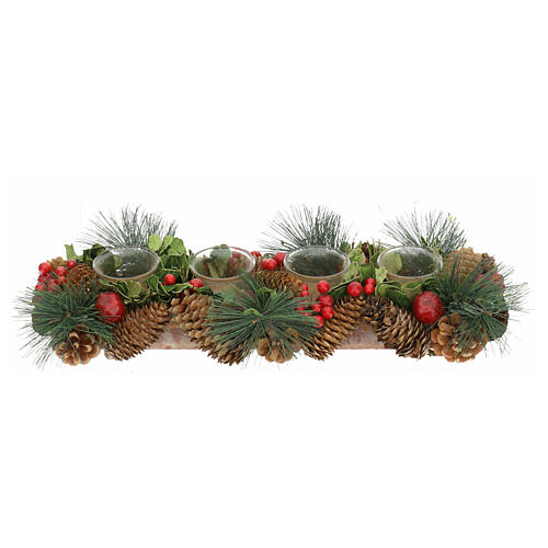 Rectangular candle holder with 4 glasses, pinecones and red berries, 8x20x3 inches 3