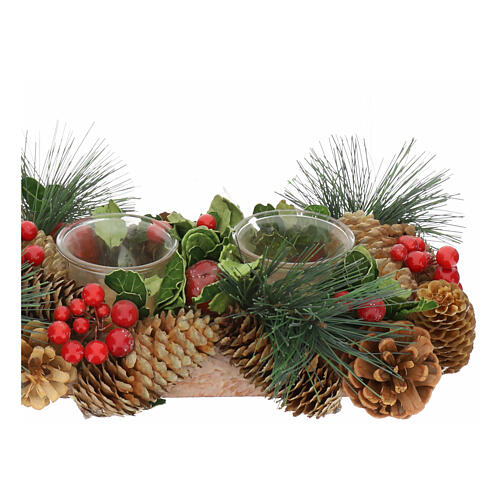 Rectangular candle holder with 4 glasses, pinecones and red berries, 8x20x3 inches 4
