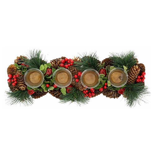 Rectangular candle holder with 4 glasses, pinecones and red berries, 8x20x3 inches 5
