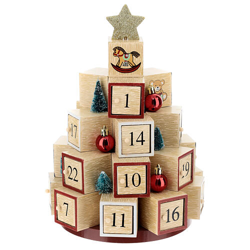 Christmas toy tree with glittery star, wooden Advent calendar, 12 in 5