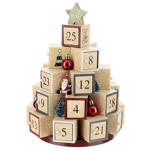 Christmas toy tree with glittery star, wooden Advent calendar, 12 in 7