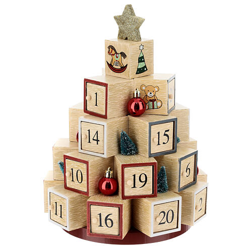 Calendario Adviento árbol Navidad madera estrella purpurina 30 cm 1