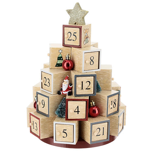 Calendario Adviento árbol Navidad madera estrella purpurina 30 cm 3