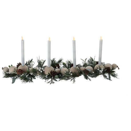 Adventskerzenhalter aus Holzkugeln mit künstlichen grünen Zweigen und 4 LED-Kerzen, 10x80x20 cm. 1