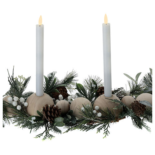 Adventskerzenhalter aus Holzkugeln mit künstlichen grünen Zweigen und 4 LED-Kerzen, 10x80x20 cm. 3