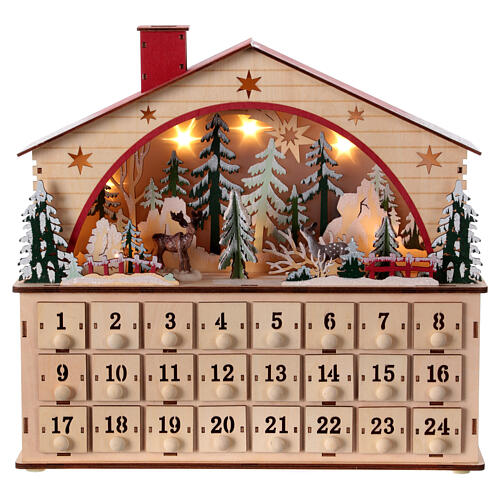 Adventskalender aus Holz mit Spieluhr und Winterszene im nordischen Stil, befüllbar, 35x40x10 cm 1