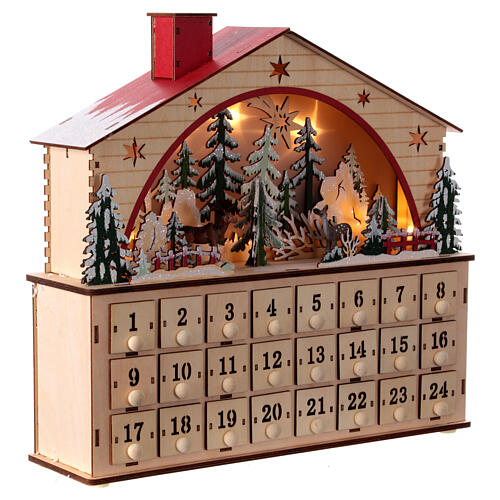 Adventskalender aus Holz mit Spieluhr und Winterszene im nordischen Stil, befüllbar, 35x40x10 cm 5
