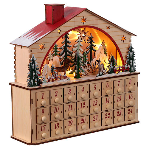 Calendario dell'Avvento carillon legno paesaggio invernale stile tedesco 35x40x10 cm 5