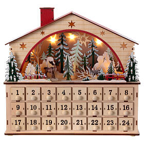 Kalendarz adwentowy pozytywka z drewna, krajobraz zimowy, styl niemiecki, 35x40x10 cm