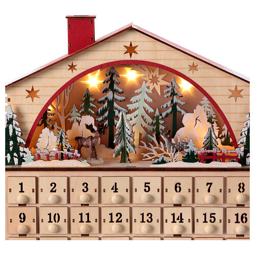 Kalendarz adwentowy pozytywka z drewna, krajobraz zimowy, styl niemiecki, 35x40x10 cm 2