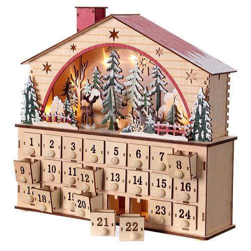 Kalendarz adwentowy pozytywka z drewna, krajobraz zimowy, styl niemiecki, 35x40x10 cm 3