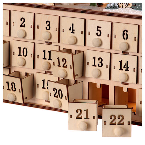 Kalendarz adwentowy pozytywka z drewna, krajobraz zimowy, styl niemiecki, 35x40x10 cm 4