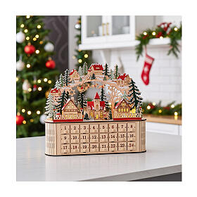 Adventskalender aus Holz mit Spieluhr und Winterszene im nordischen Stil, befüllbar, 40x45x15 cm