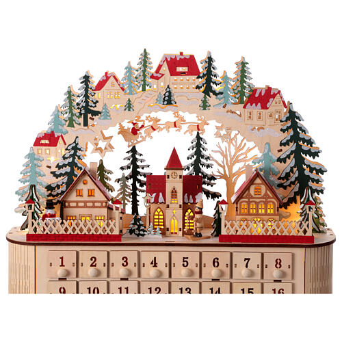 Adventskalender aus Holz mit Spieluhr und Winterszene im nordischen Stil, befüllbar, 40x45x15 cm 2