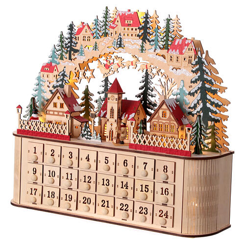 Adventskalender aus Holz mit Spieluhr und Winterszene im nordischen Stil, befüllbar, 40x45x15 cm 9