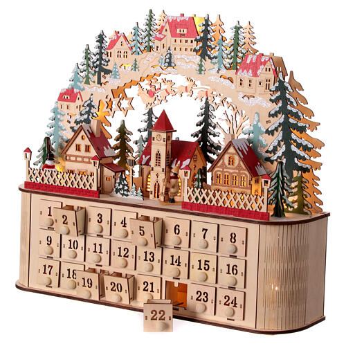 Wooden Advent calendar with music box and lights, German style, 16x18x5 in 4