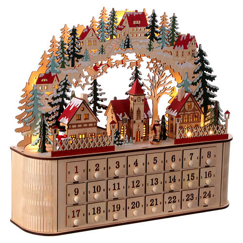 Wooden Advent calendar with music box and lights, German style, 16x18x5 in 6