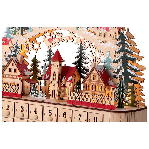 Wooden Advent calendar with music box and lights, German style, 16x18x5 in 7