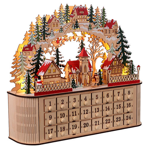 Calendario dell'Avvento carillon legno stile tedesco illuminato 40x45x15 cm 6