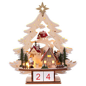 Datario Avvento albero di Natale legno luminoso led bianco caldo 35x30x10 cm