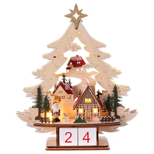 Datario Avvento albero di Natale legno luminoso led bianco caldo 35x30x10 cm 1