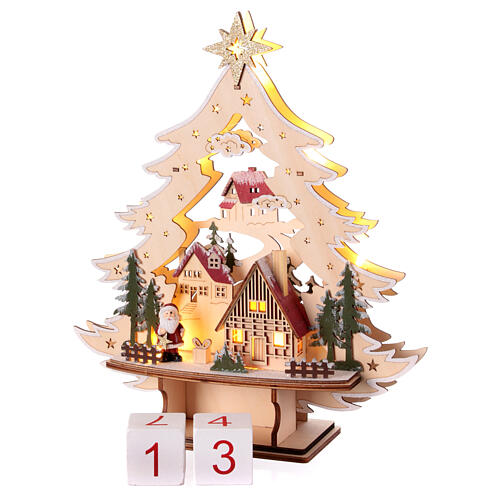 Datario Avvento albero di Natale legno luminoso led bianco caldo 35x30x10 cm 3