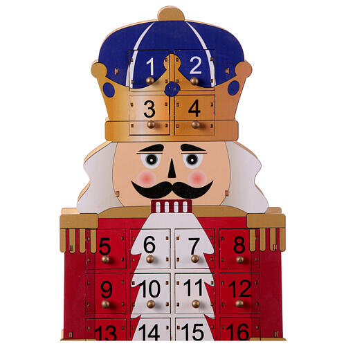 Kalendarz adwentowy Dziadek do orzechów, czerwona marynarka, drewno 55x25x5 cm 4