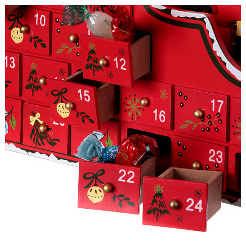 Adventskalender in Form eines roten Weihnachtsschlittens mit Weihnachtsmann – 35 × 25 × 10 cm 4