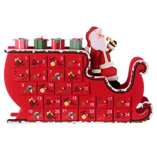 Calendario Adviento trineo Papá Noel rojo 25x35x10 cm 1