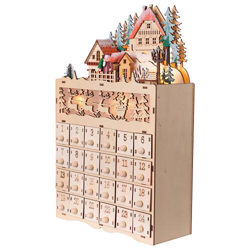 Adventskalender aus Holz mit Berglandschaft und Rentieren, LEDs warmweiß – 35 cm 6