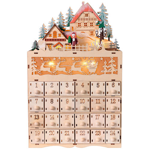 Wooden Advent calendar with mountain landscape and reindeers, 14x8x4 in, cool white light 1