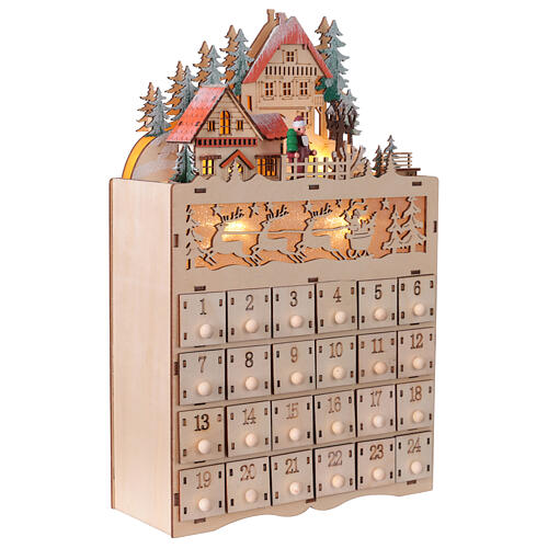 Wooden Advent calendar with mountain landscape and reindeers, 14x8x4 in, cool white light 5